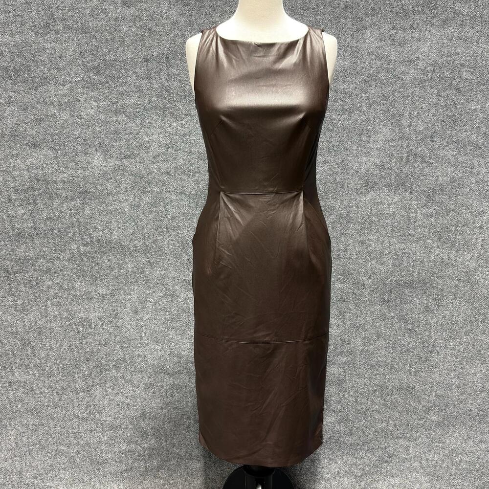 Adam Lippes Dress Womens 4 Brown Faux Leather Sheath Sleeveless Midi Scoop Neck